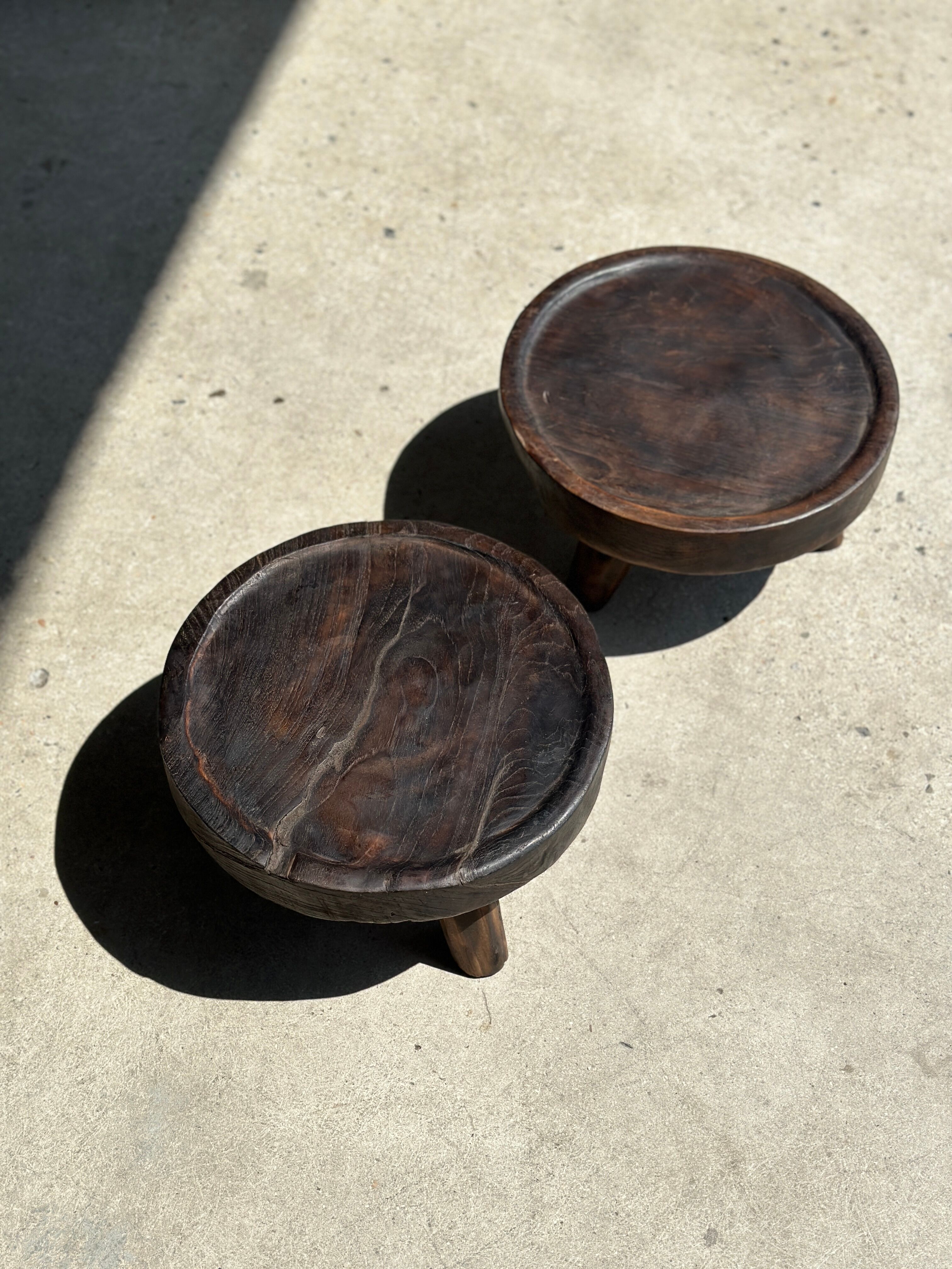 Small tripod stool low in dark brown upcycled teak
