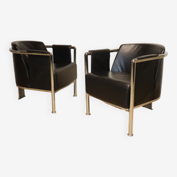 Pair of armchairs in synthetic leather and chromed metal, 1970