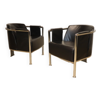 Pair of armchairs in synthetic leather and chromed metal, 1970