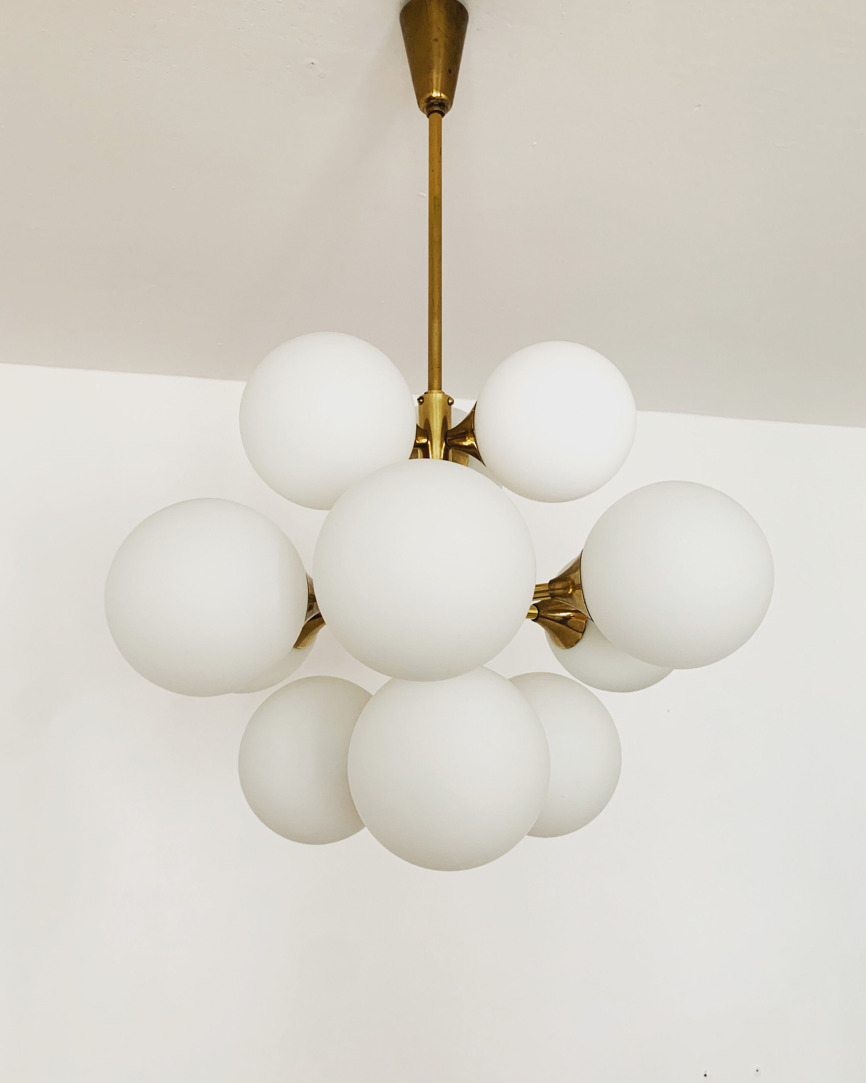 Mid-Century Modern brass and opaline glass Sputnik chandelier