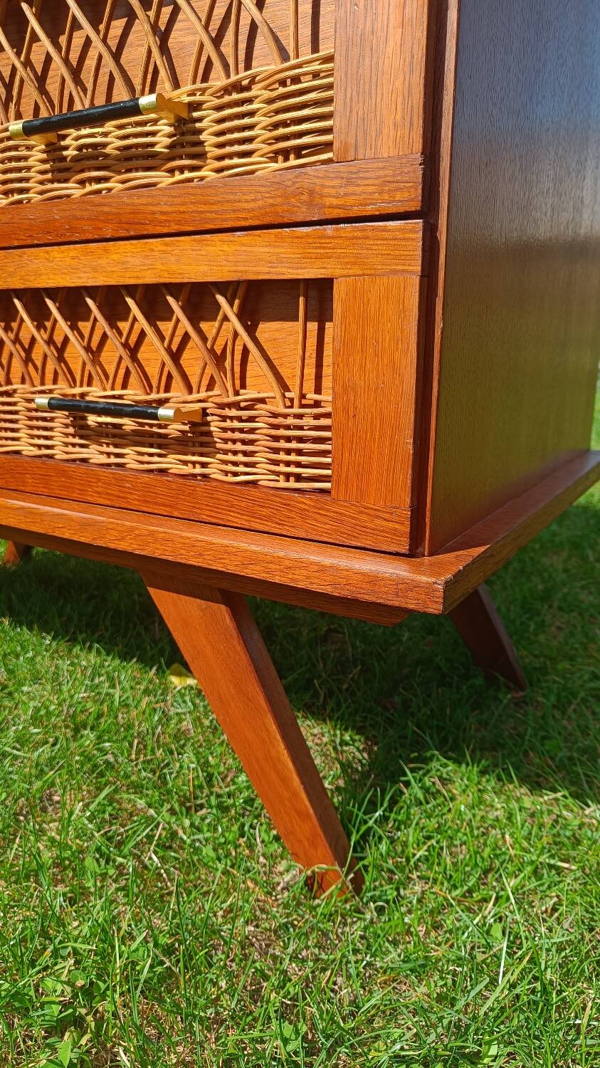 Rattan and wood splayed-leg chest of drawers