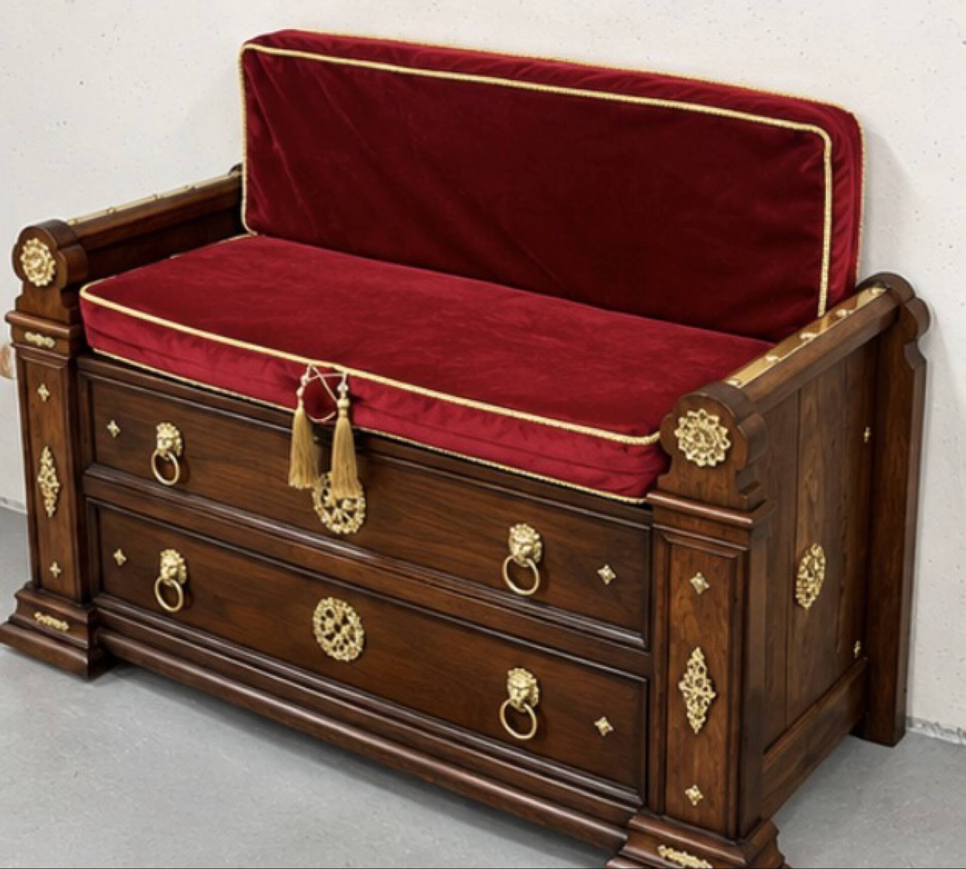 Bank-safe / medieval style bench – wood, red velvet and ornamentation