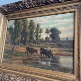 Watering cows painting signed E. Debat Ponsan 1906