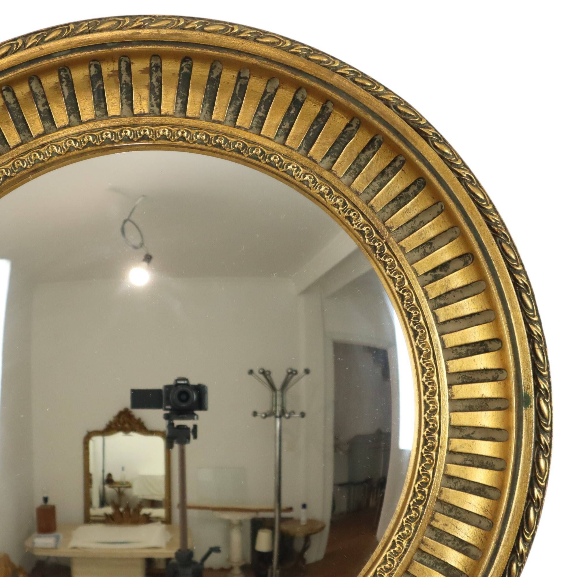 Large Round Wooden Butler Mirror Convex Mirror Witch's Eye Gold