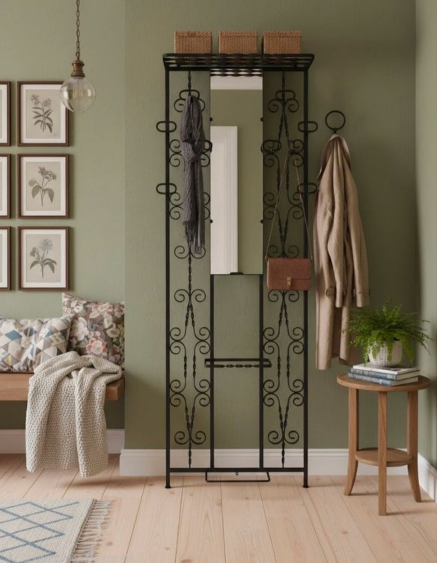 Large vintage wall coat rack in wrought iron with mirror and shelf.