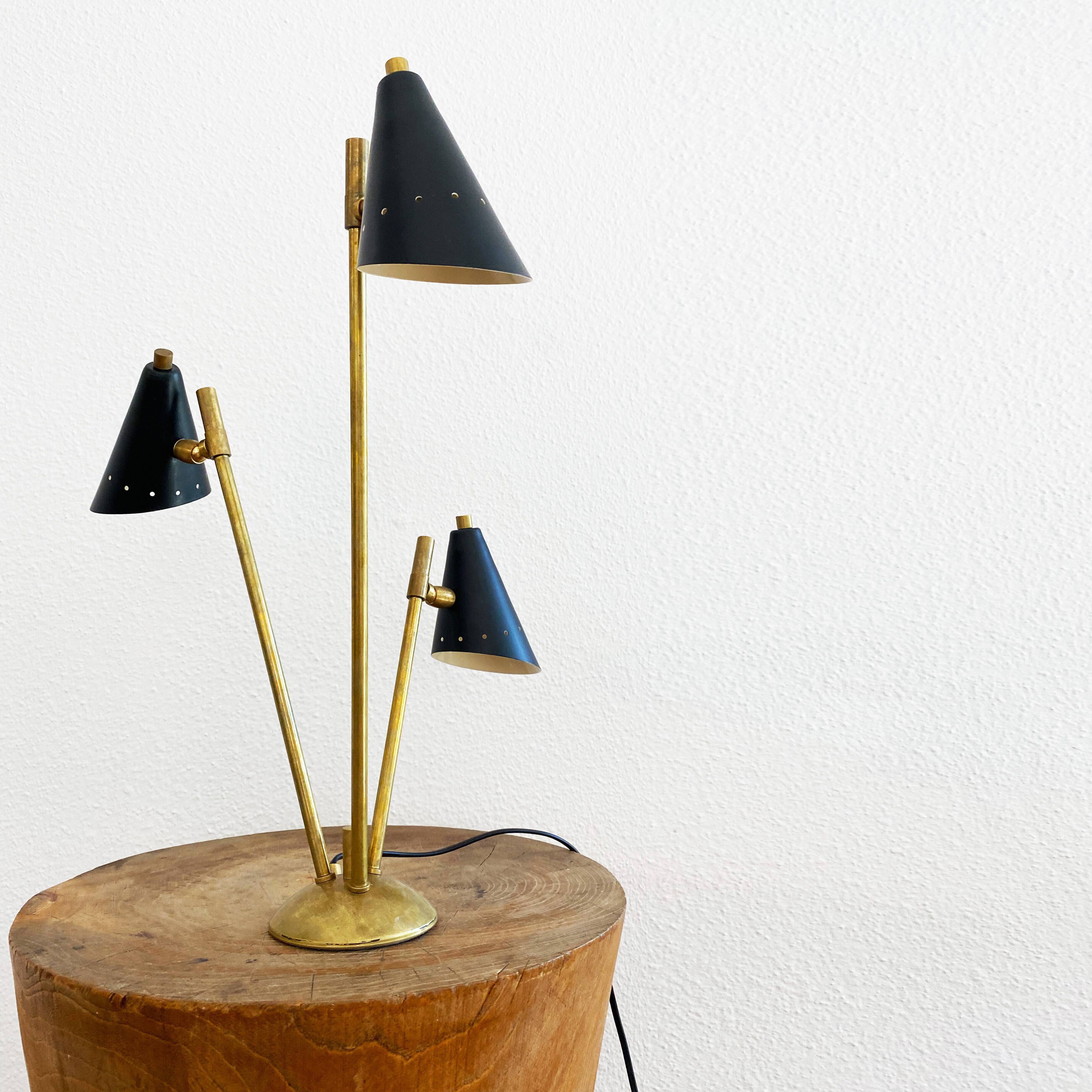 Italian three-headed brass lamp, 50s design