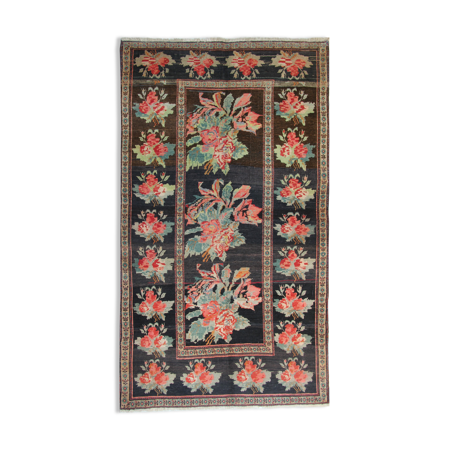 Antique floral karabagh zone tapis de laine brune tissée à la main fine tapis- 136x235cm