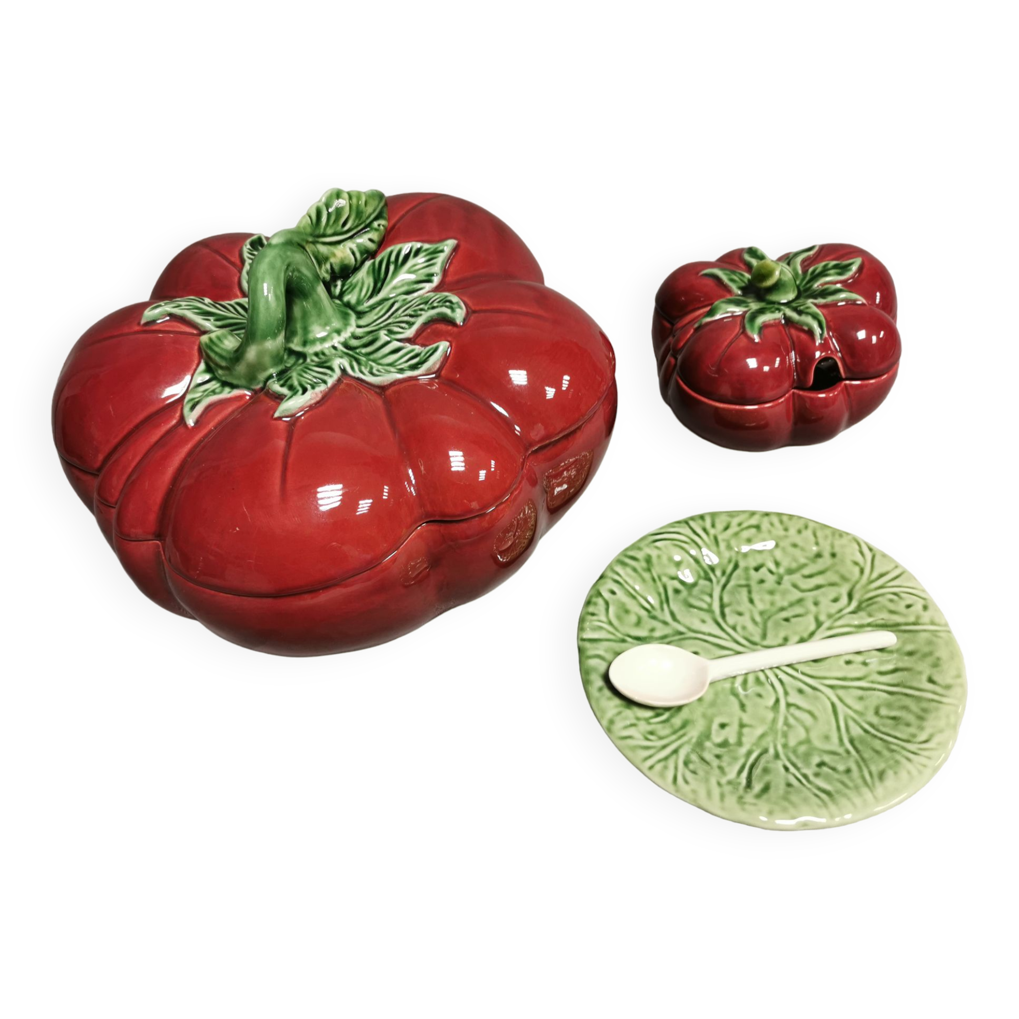 Vintage soup tureen + Trompe l'oeil sauce boat, majolica tomato shape