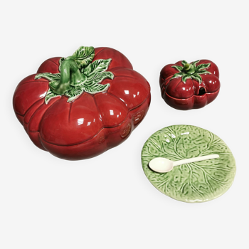 Vintage soup tureen + Trompe l'oeil sauce boat, majolica tomato shape