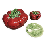 Vintage soup tureen + Trompe l'oeil sauce boat, majolica tomato shape