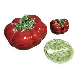 Soupière vintage + saucière en Trompe l'oeil , forme de Tomate majolica