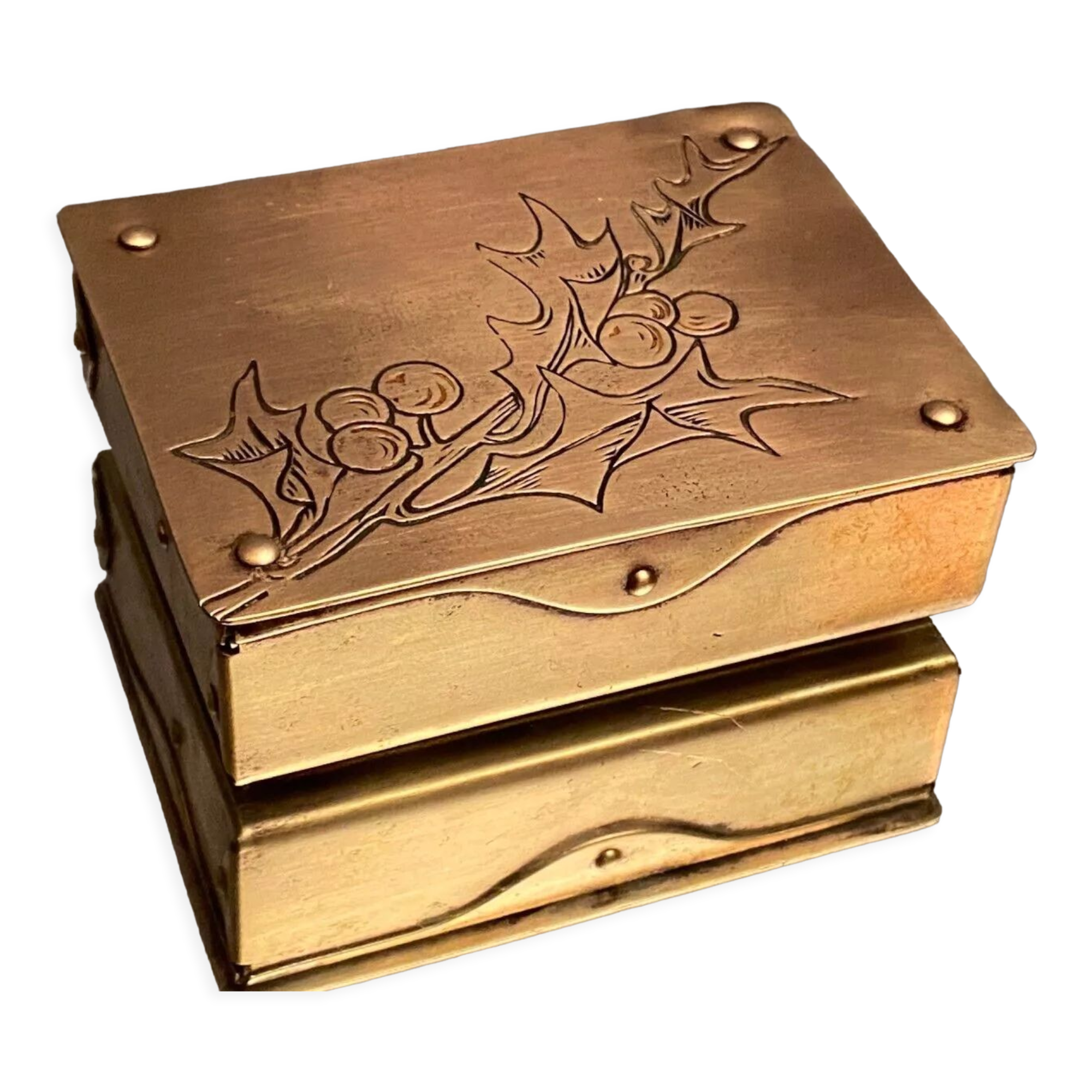German compartmentalized stamp box early twentieth GHG Gesch holly leaf