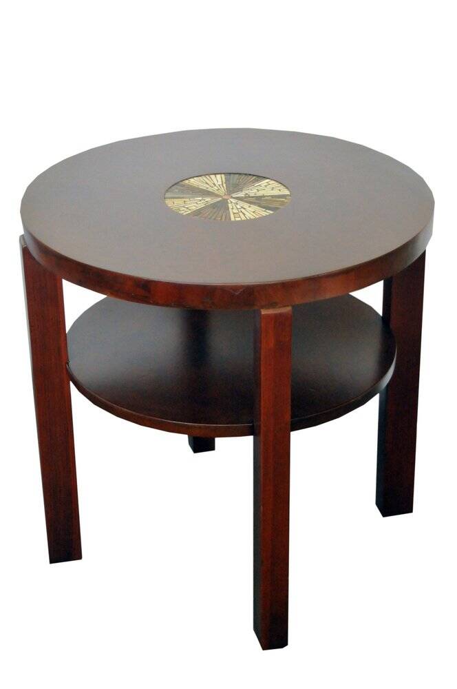 Round Art Deco side table from the 1930s, brown wood with glass mosaic inlay.
