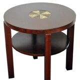 Round Art Deco side table from the 1930s, brown wood with glass mosaic inlay.