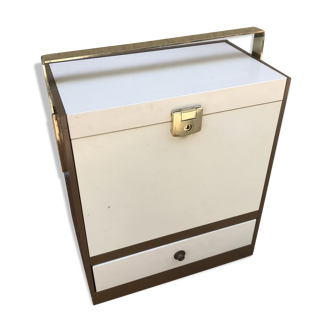 Ancienne caisse classeur range documents avec tiroir métal beige marron vintage