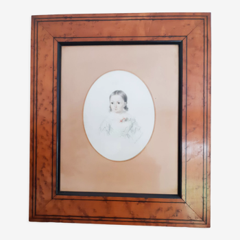 Engraving young girl, signed Melle Demarcy, magnifying glass frame, circa 1830, antique French