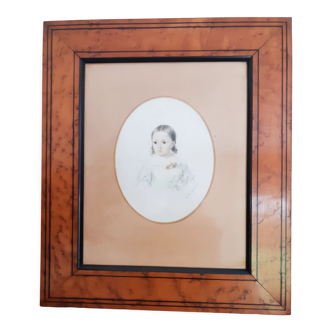 Engraving young girl, signed Melle Demarcy, magnifying glass frame, circa 1830, antique French