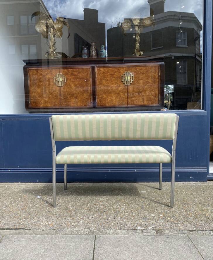 Chrome Bench Green Stripped 1970s Hollywood Regency Modernist Vintage