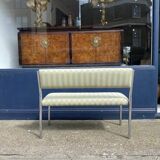 Chrome Bench Green Stripped 1970s Hollywood Regency Modernist Vintage