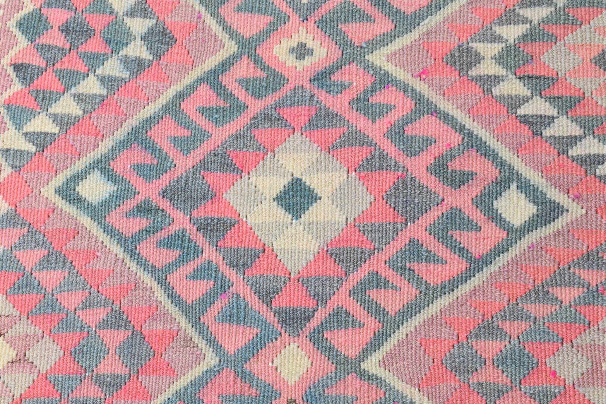 3x12 Soft Wool Pink Oriental Vintage Kilim Runner Rug