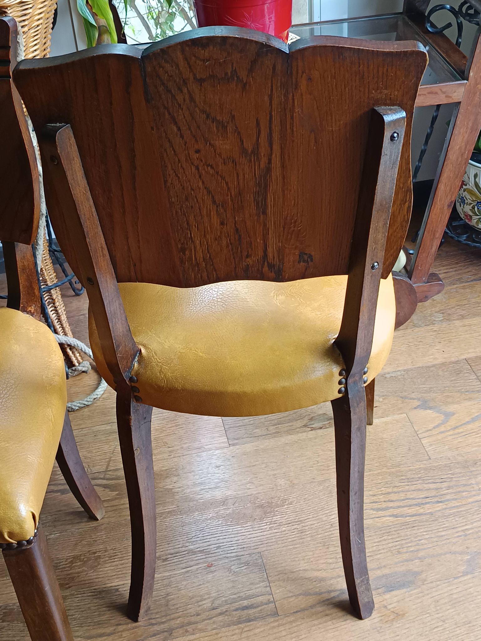 set of 4 vintage Art Deco chairs with carved wood and grape cluster design
