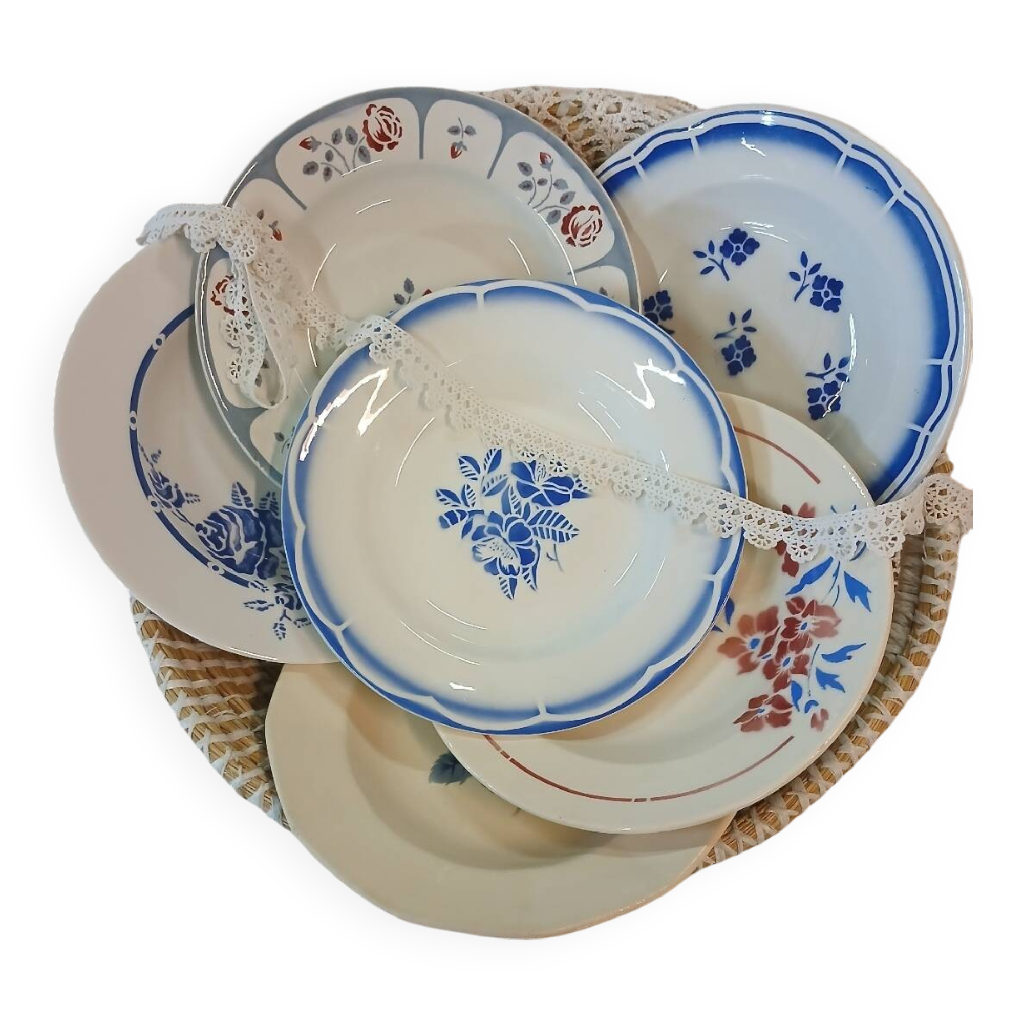 6 mismatched antique soup plates