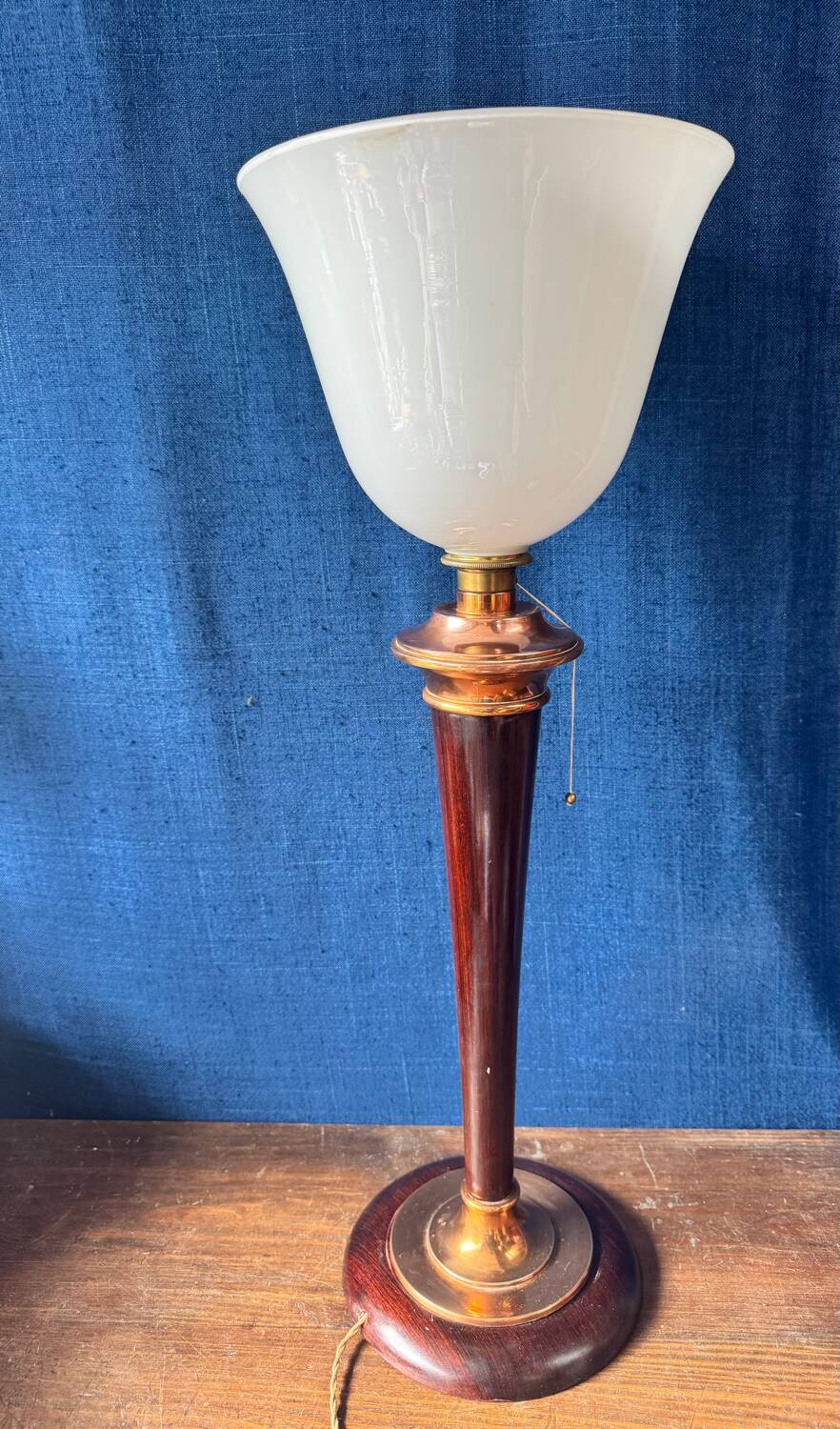 Mazda lamp – mahogany, copper and opaline – 1930s