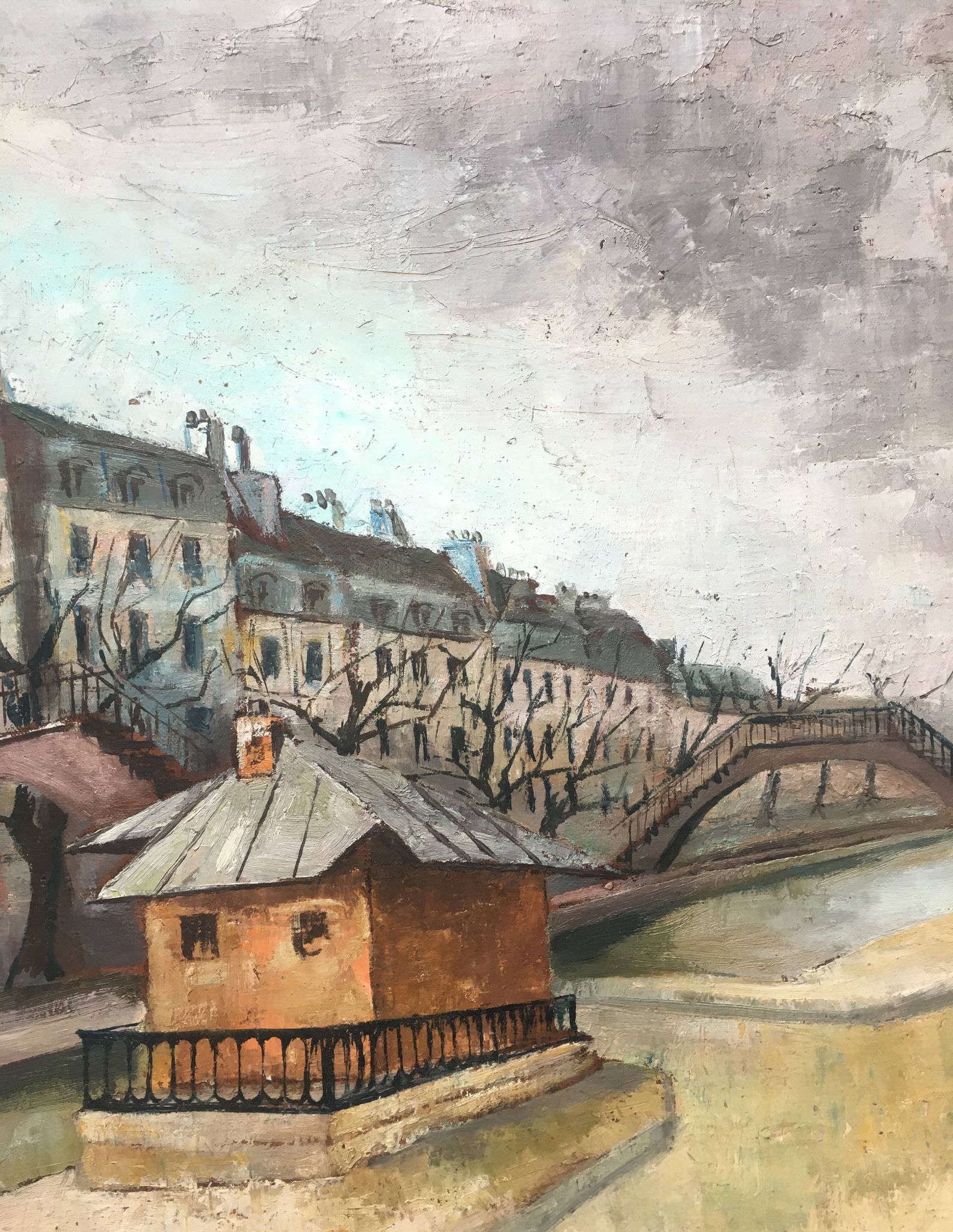 Tableau hst "ecluse du canal st martin" paris vers 1950 - ecole de paris