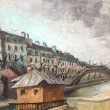 HST painting "Lock of the Canal St Martin" Paris around 1950 - Ecole de Paris