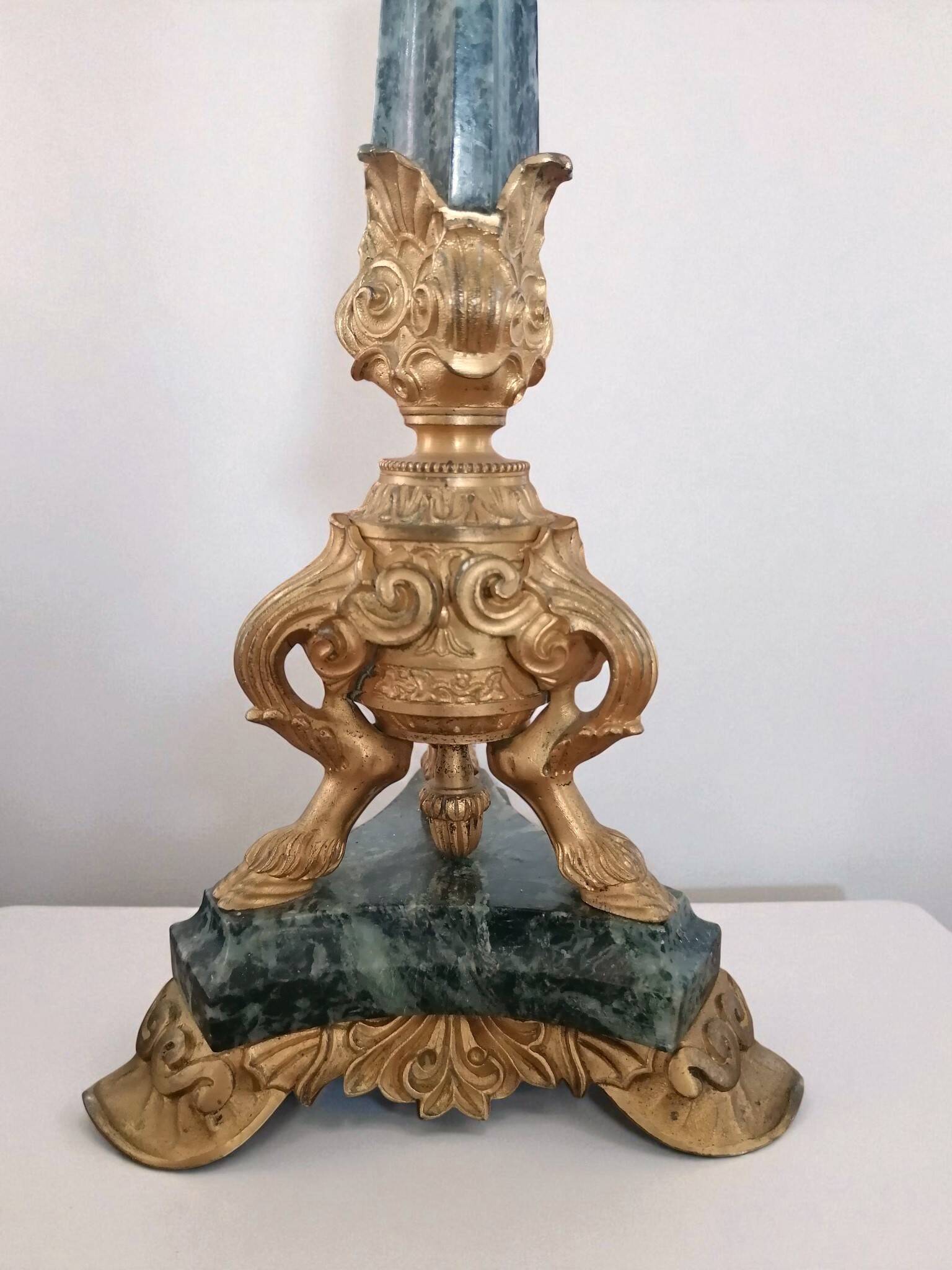 Pair of Empire/Restoration style candlesticks - green marble and bronze.