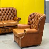 Vintage Chesterfield Brown Leather High Back sofa and Armchairs, Set of 3