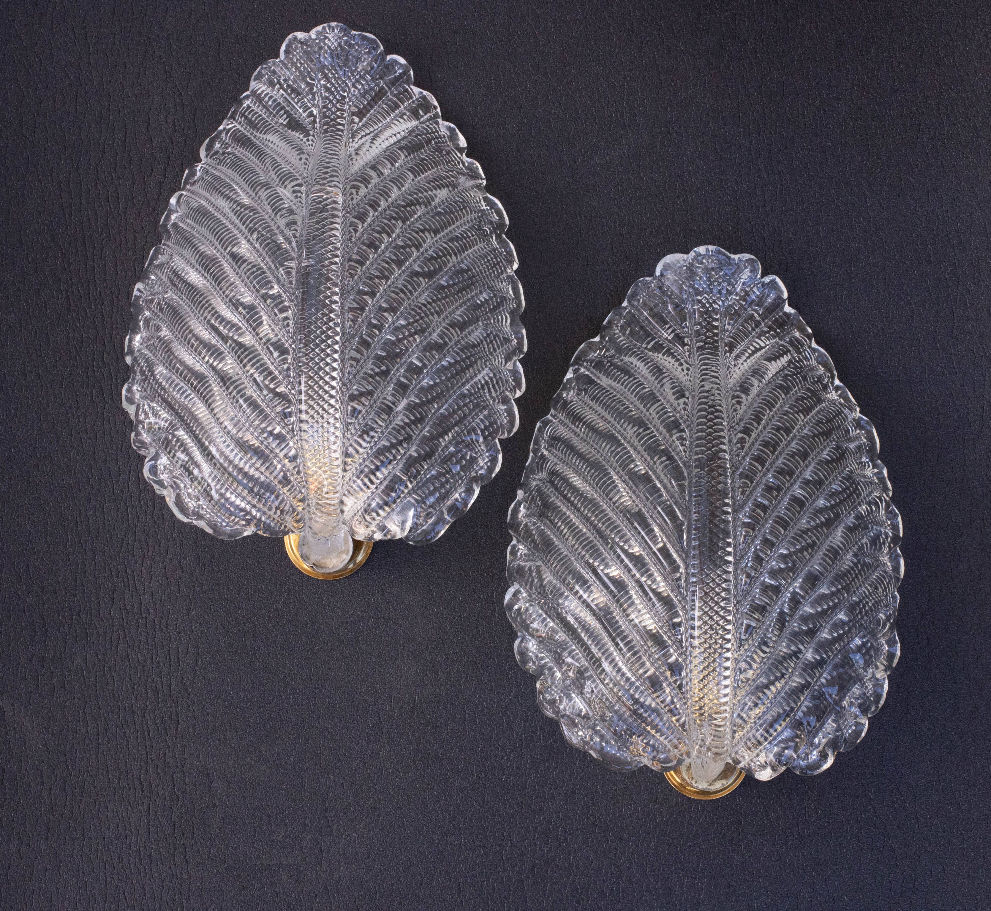 Set of 2 Wall light Trasparent Murano Glass Leave by Barovier e Toso, 1940s