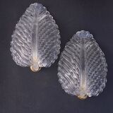 Set of 2 Wall light Trasparent Murano Glass Leave by Barovier e Toso, 1940s