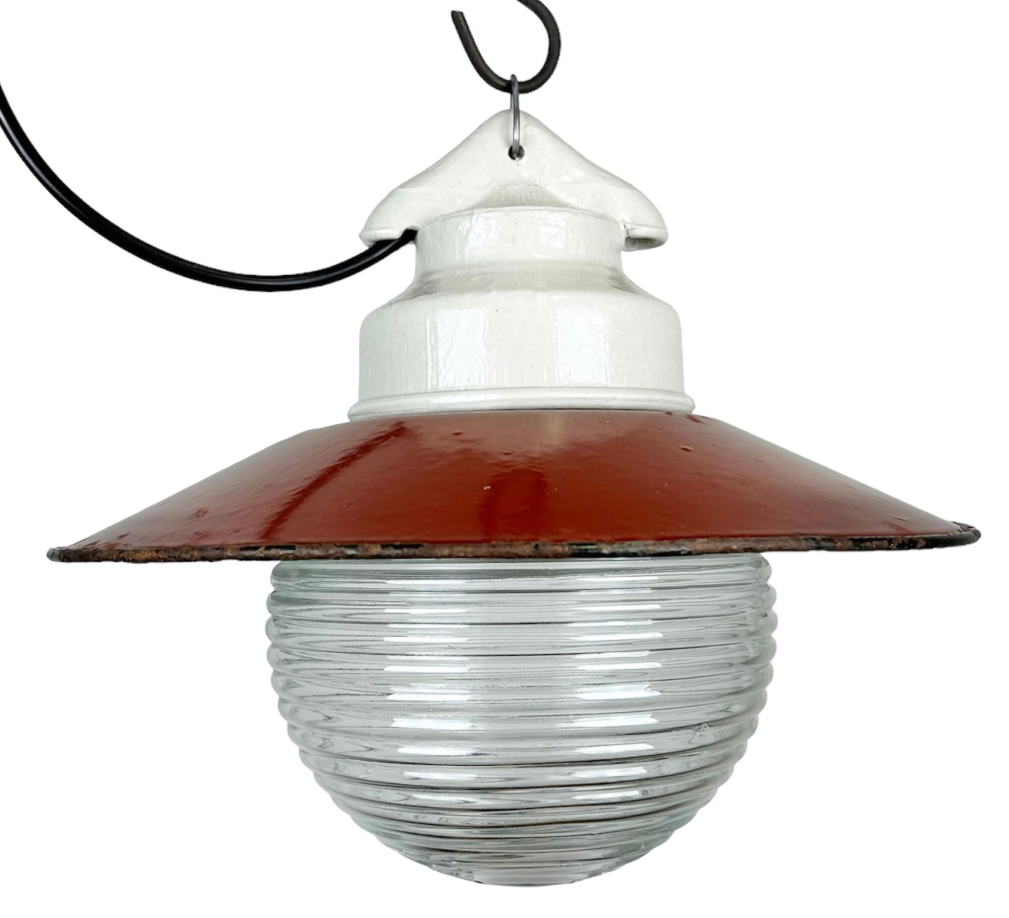 Industrial porcelain red enamel pendant light with ribbed clear glass, 1970s