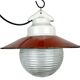 Industrial porcelain red enamel pendant light with ribbed clear glass, 1970s