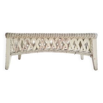 Table basse rotin blanc patiné plateau verre