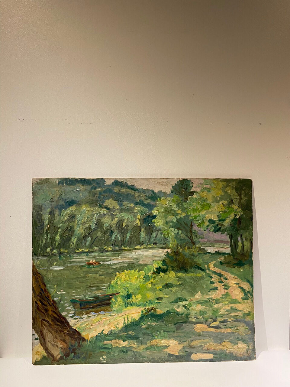 Tableau ancien, paysage, bord de rivière, années 50/60