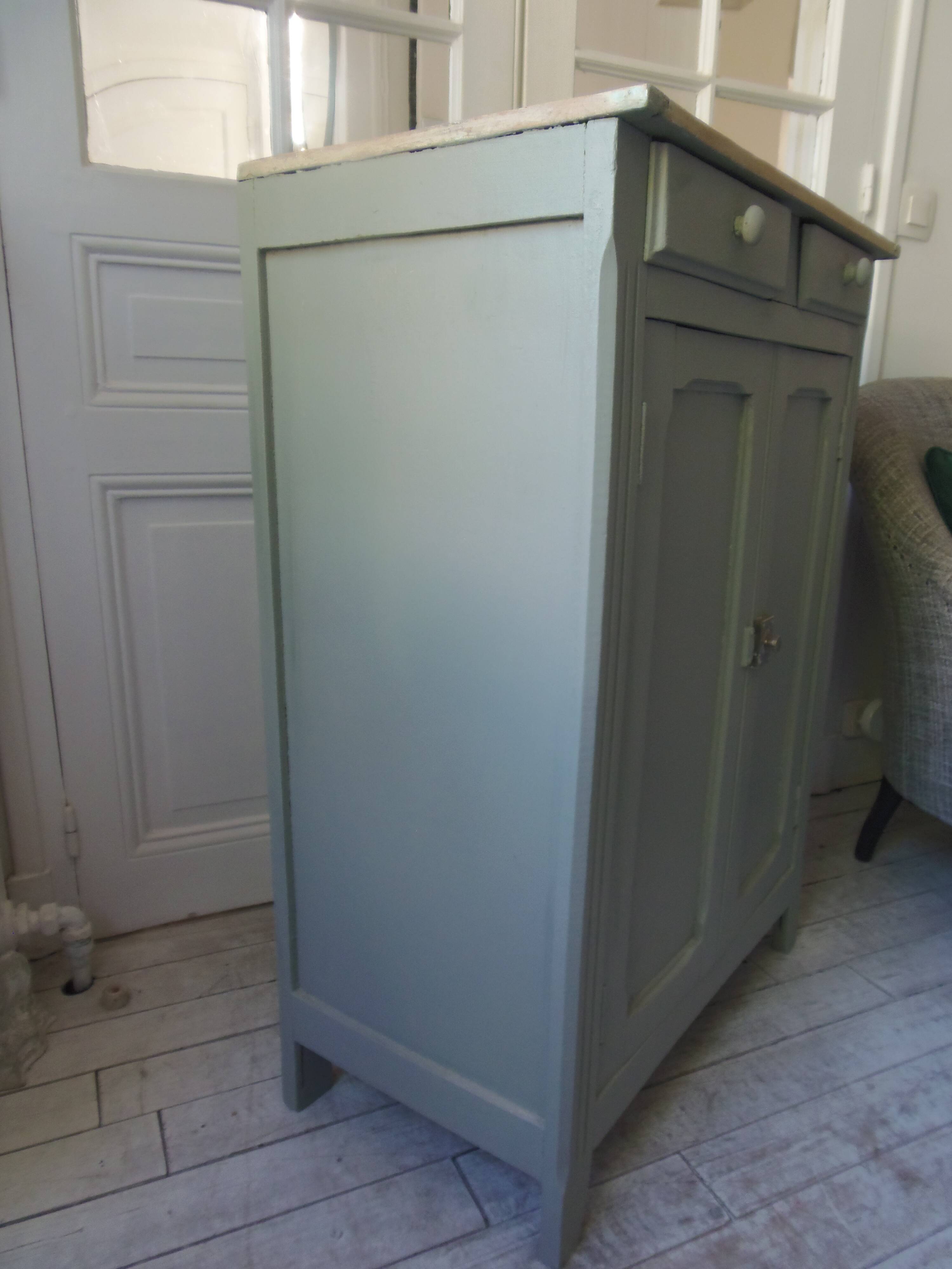 Small vintage Parisian sideboard with 2 doors and 2 drawers, enhanced in verdigris