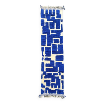 Tapis Couloir Bleu  Berbere Marocain moderne Beni Ouarain en laine, 80x350 cm
