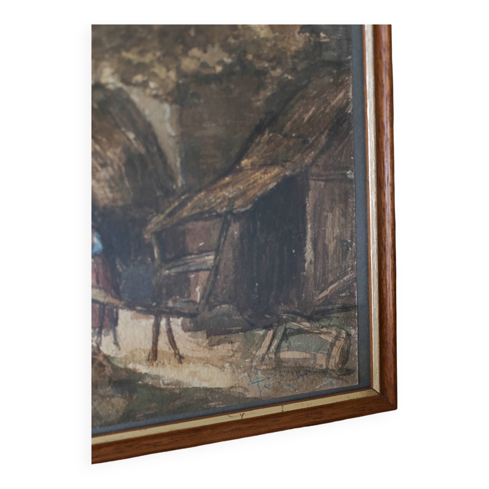Louis Adolphe Hervier (1818 - 1879) aquarelle "Cour de ferme"