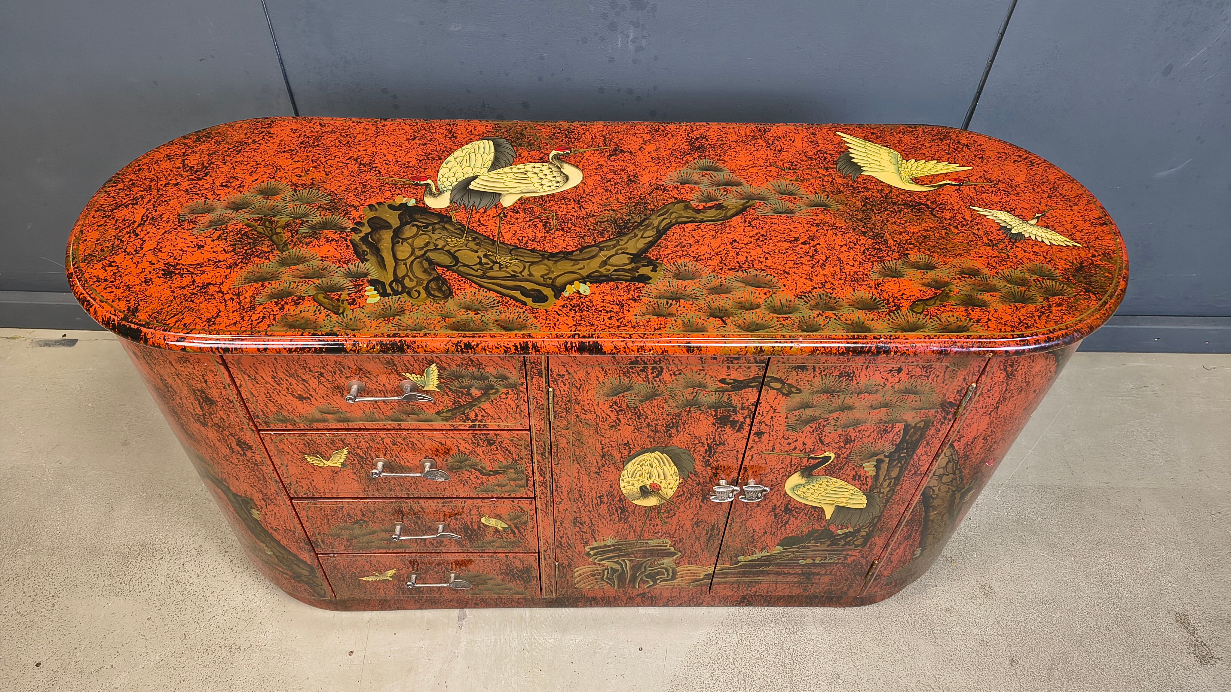 Vintage red chinoiserie cabinet, 1970s