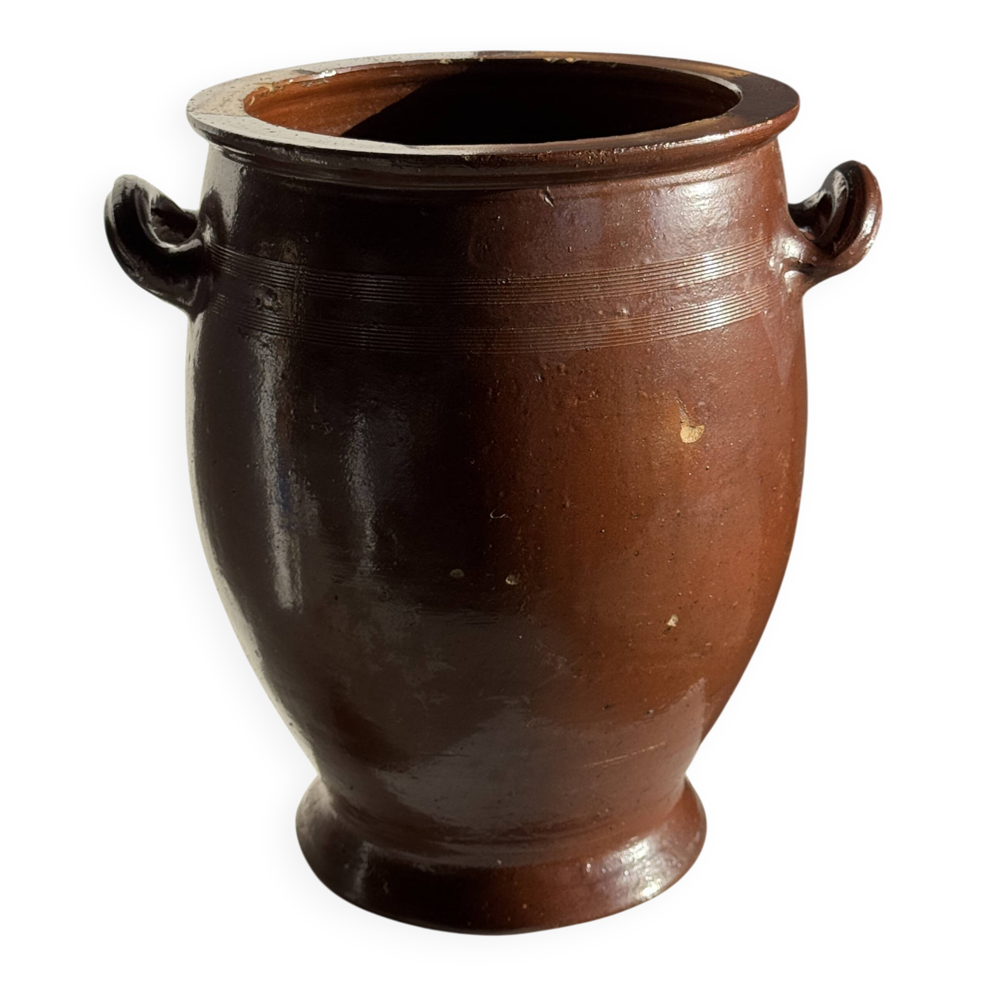 Very large glazed brown terracotta pot with two handles H41 D30