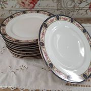 Set of 10 flat plates in Limoges porcelain stamp RN frieze blue old pinks