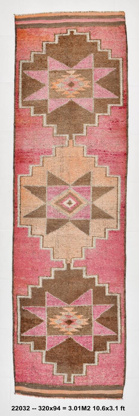 3x10 Pink & Brown Stars Pattern Vintage Runner Rug, 94x320Cm