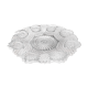 Vintage pressed glass plate with rosette design, octagonal rim, star pattern reminiscent of mandala
