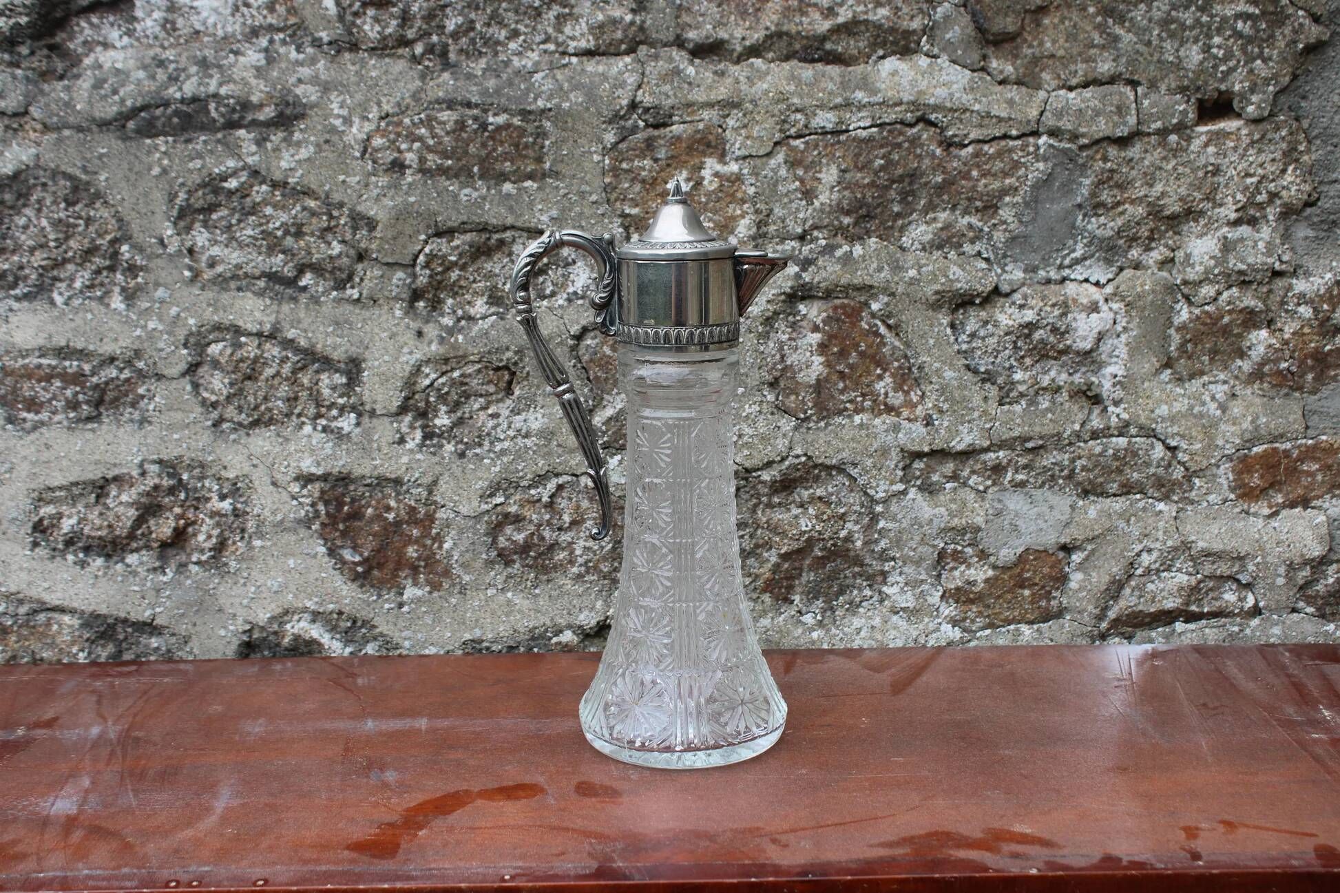 Antique pressed glass and silver-plated jug – Decorative wine pitcher H30 cm