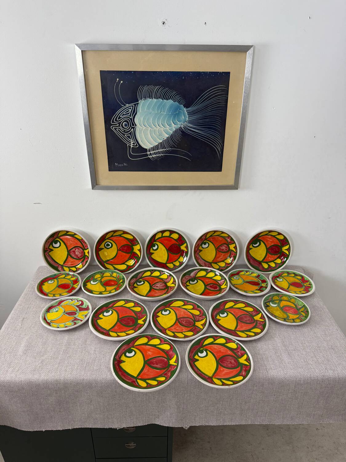 Italian ceramic plate set signed Desimone Italy fish decor 60s vintage