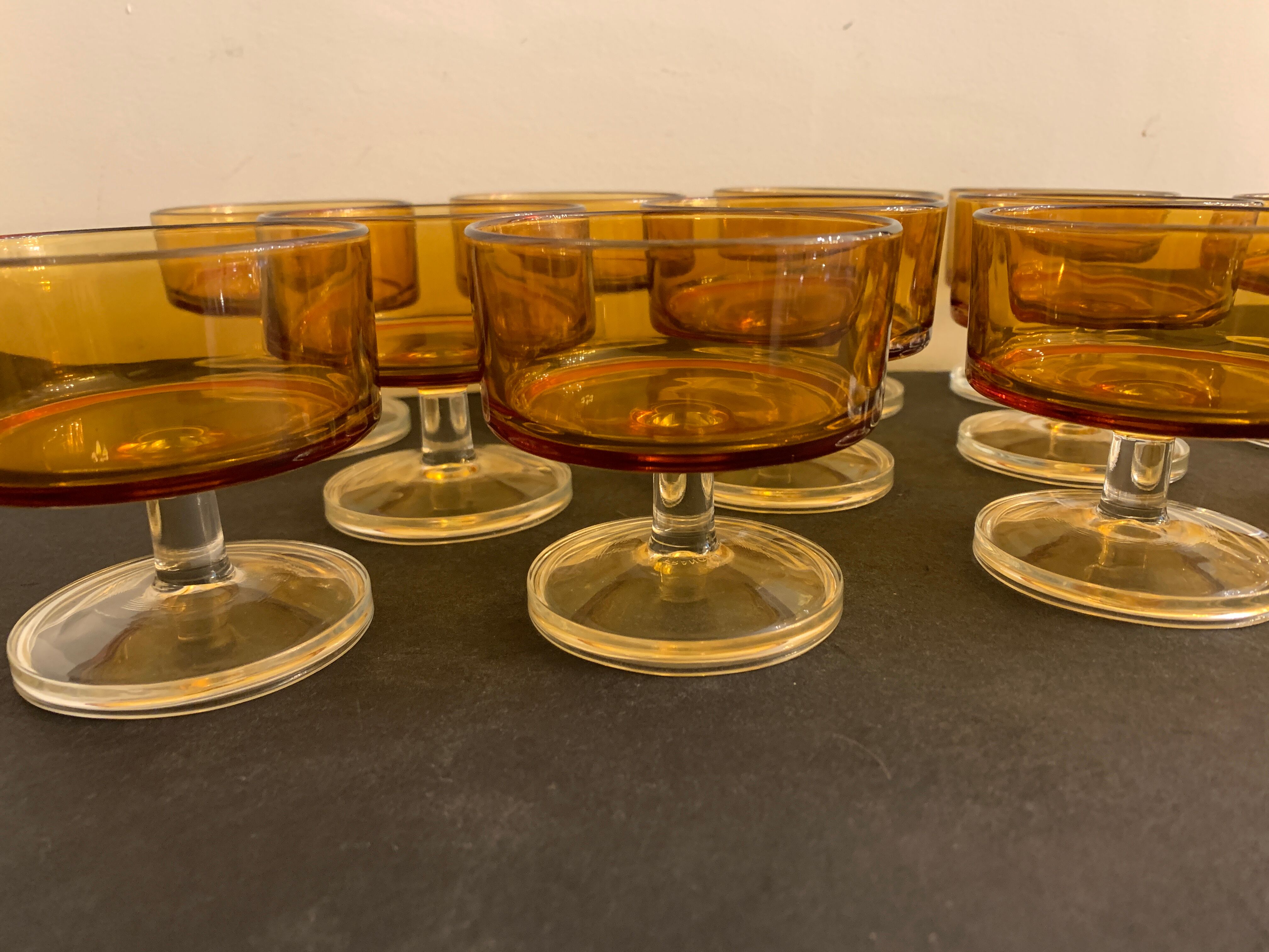 12 Luminarc cups in orange glass, France, 1970