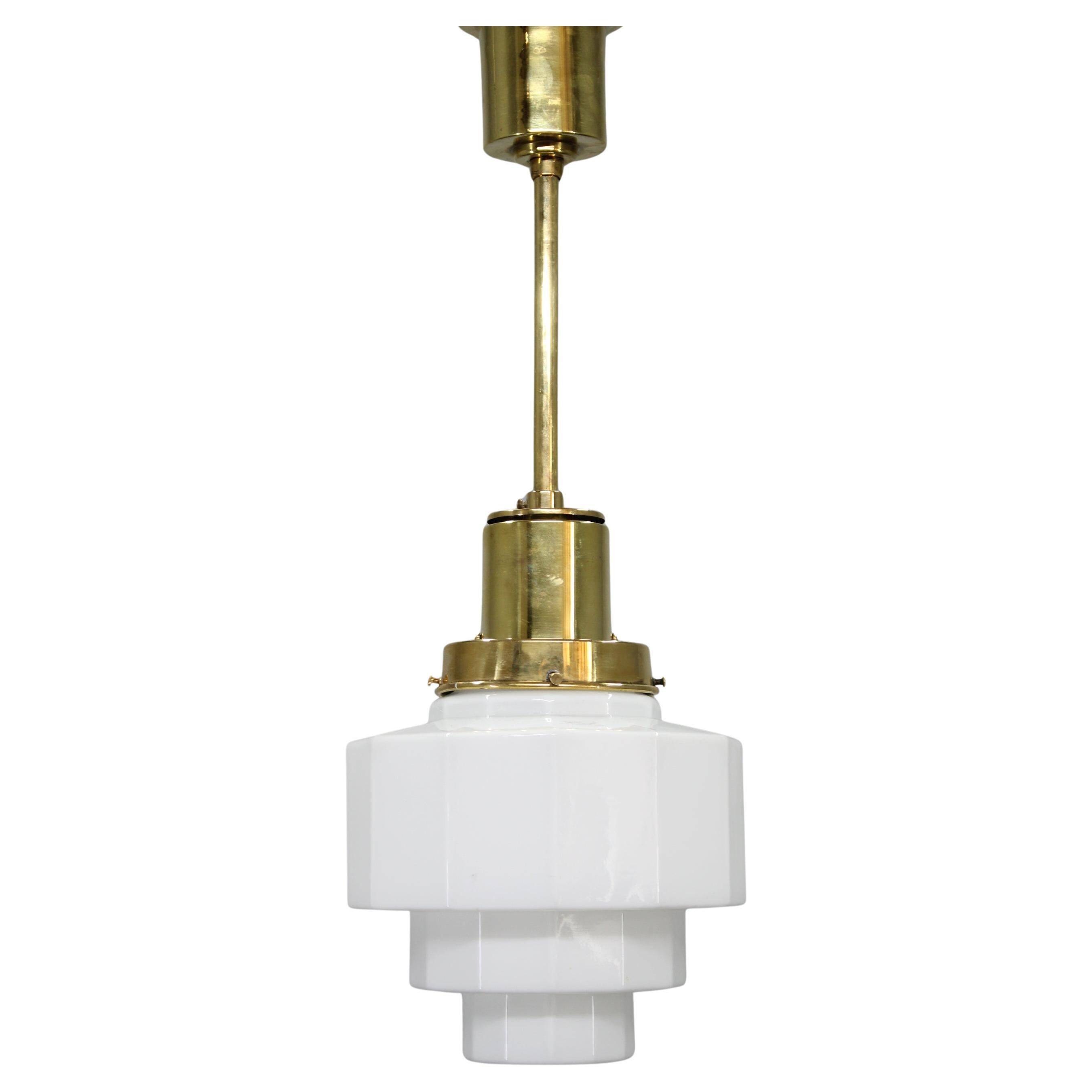 Art Deco brass and opaline glass pendant, Czechoslovakia, 1930s