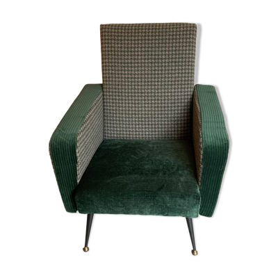 Fauteuil rétro vers 1960 vert forêt et pied de poule